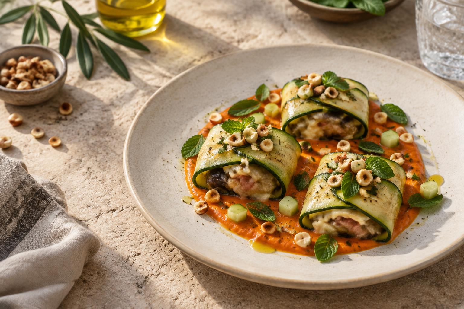 Ravioles de courgette, crème de poivron et menthe fraîche